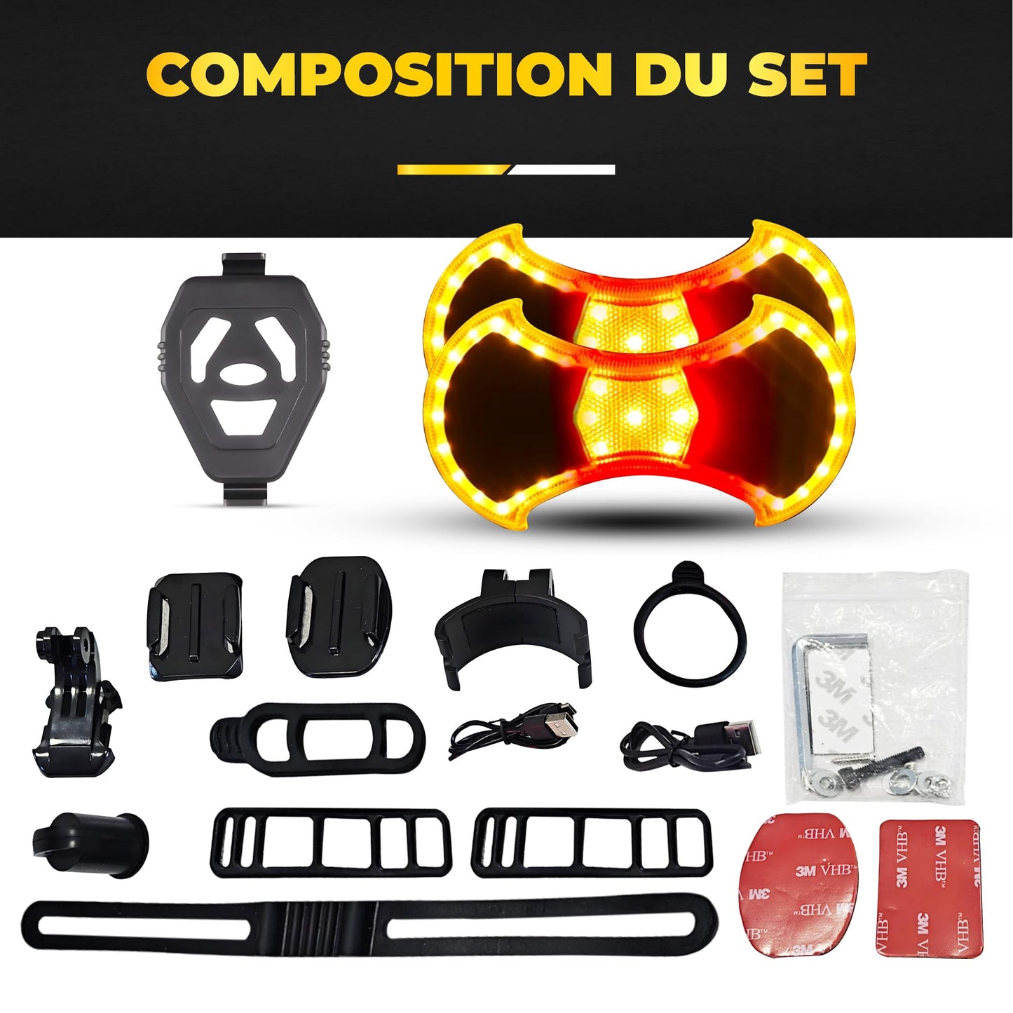 OWLZEN lumière avant et arrière avec clignotants pour vélo et trottinette - Accessoires et fixation universelle arrière pour trottinette compris, télécommande sans fil, lampe LED rechargeable par USB