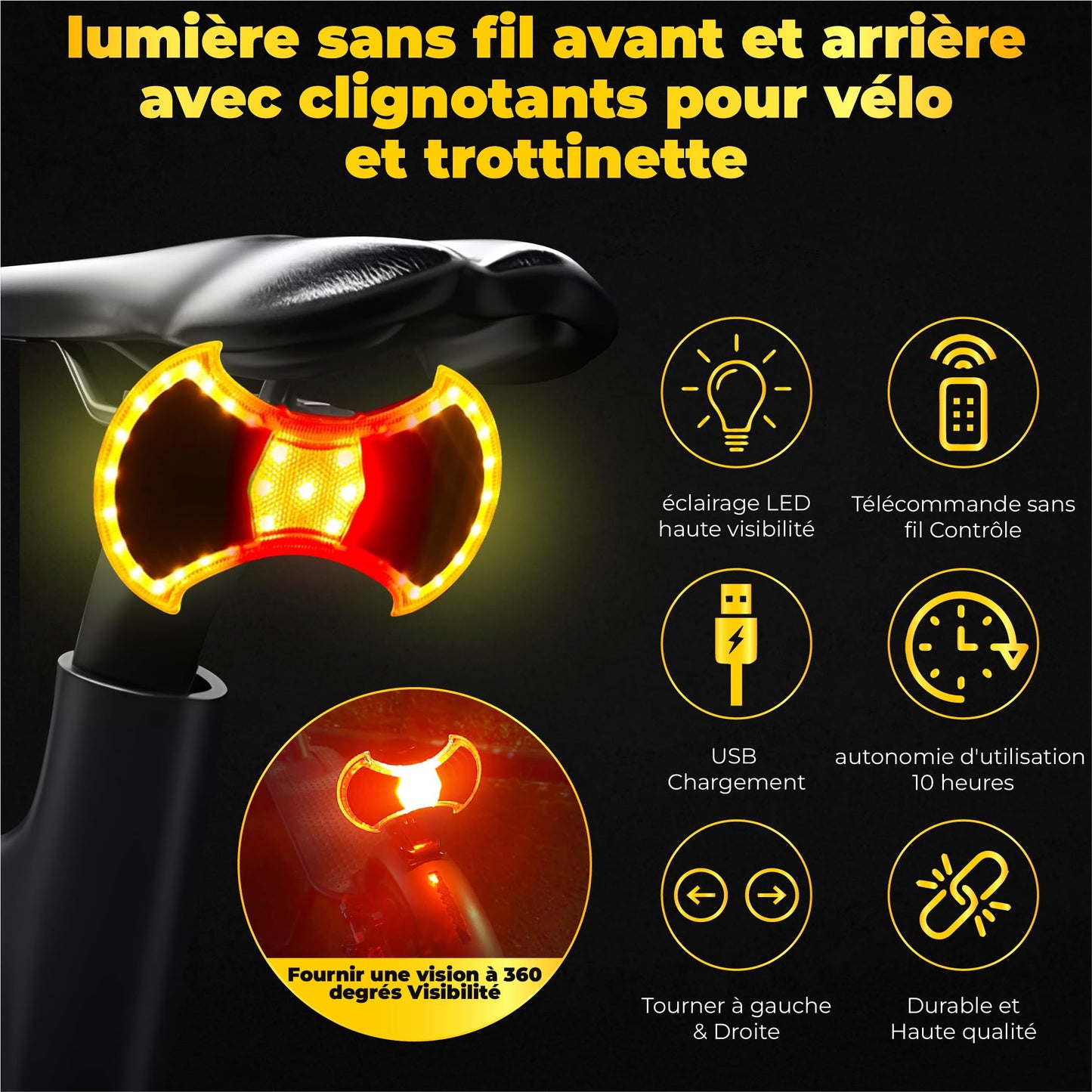 OWLZEN lumière avant et arrière avec clignotants pour vélo et trottinette - Accessoires et fixation universelle arrière pour trottinette compris, télécommande sans fil, lampe LED rechargeable par USB